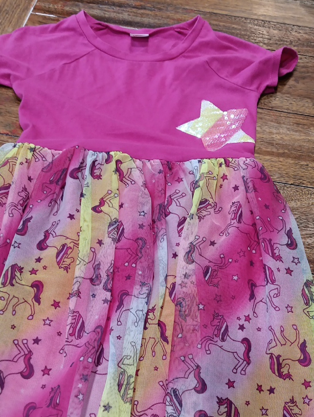 wonder nation Bright Pink Crewneck T-Shirt Dress With Unicorns And Stars Skirt